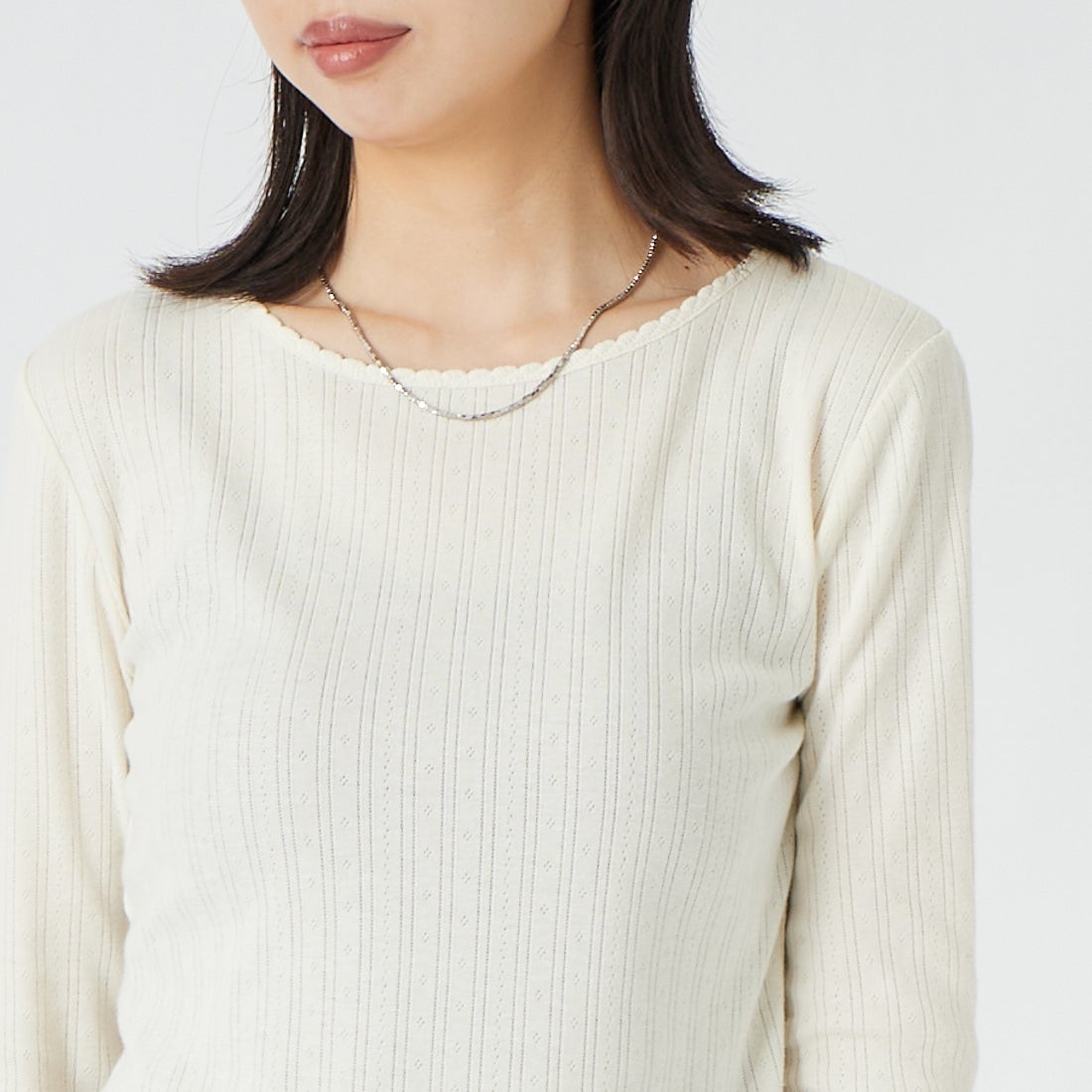 Health knit [ヘルスニット] アイレット ジャカードリブクルーネックカットソー [HR26F-L454] 61 IVORY &&モデル身長：162cm 着用サイズ：F&&