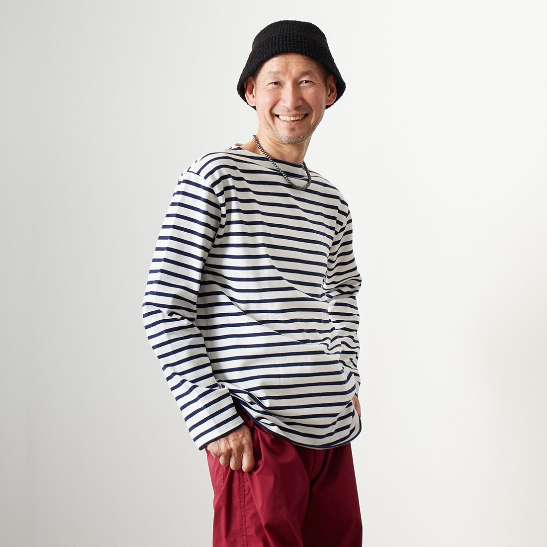 ST.JAMES [セントジェームス] バスクボーダーロングスリーブTシャツ [OUESSANT-RA] NEI/MAR&&モデル身長：176cm 着用サイズ：6&&