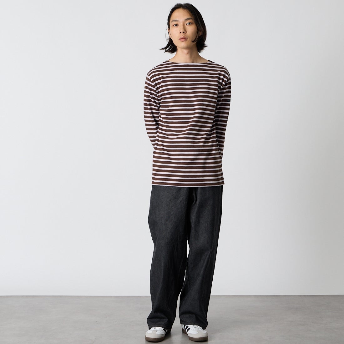 ST.JAMES [セントジェームス] バスクボーダーロングスリーブTシャツ [OUESSANT-RA] CAN/LAV &&モデル身長：175cm 着用サイズ：4&&
