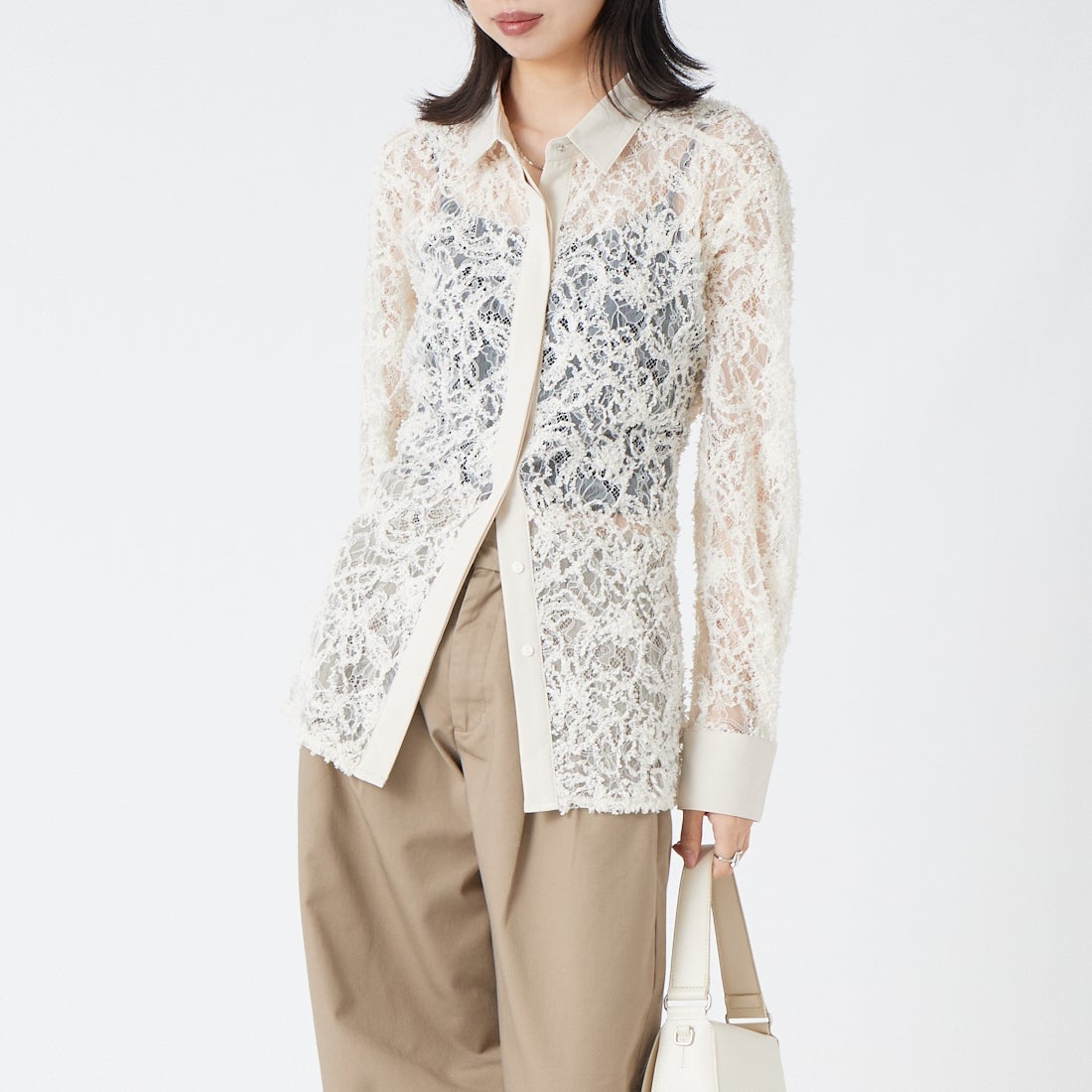 &g'aime [アンジェム] 総レースシャツ [293-69204] ﾎﾜｲﾄ &&モデル身長：162cm 着用サイズ：F&&