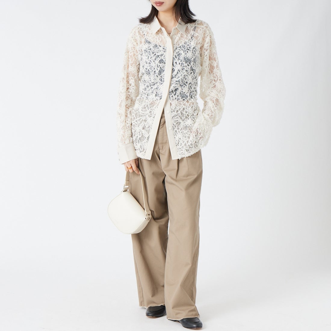 &g'aime [アンジェム] 総レースシャツ [293-69204] ﾎﾜｲﾄ &&モデル身長：162cm 着用サイズ：F&&