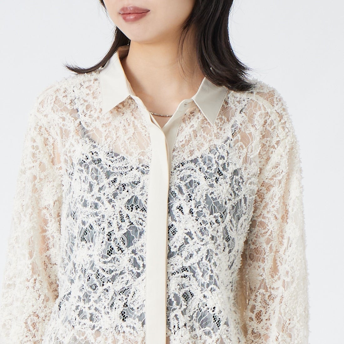 &g'aime [アンジェム] 総レースシャツ [293-69204] ﾎﾜｲﾄ &&モデル身長：162cm 着用サイズ：F&&