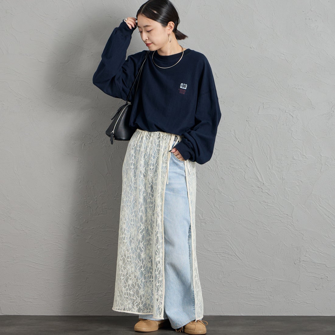 Americana [アメリカーナ] AMRCN バックプリントロングTシャツ [BRF-844A-2] ﾈｲﾋﾞｰ &&モデル身長：150cm 着用サイズ：ONE SIZE&&