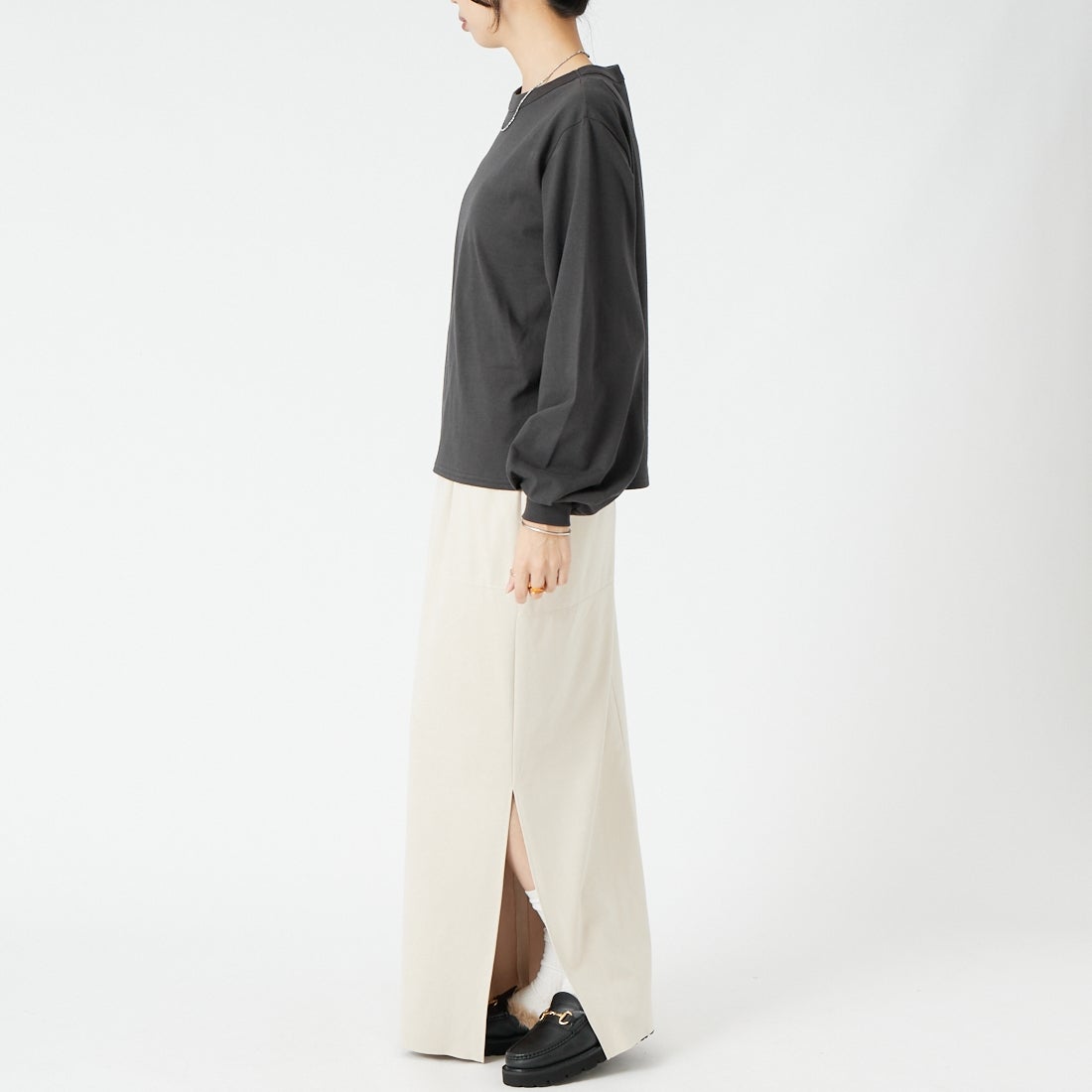 mizuiro ind [ミズイロインド] パフスリーブロングTシャツ [3-210078] 93 D.GRAY &&モデル身長：162cm 着用サイズ：F&&