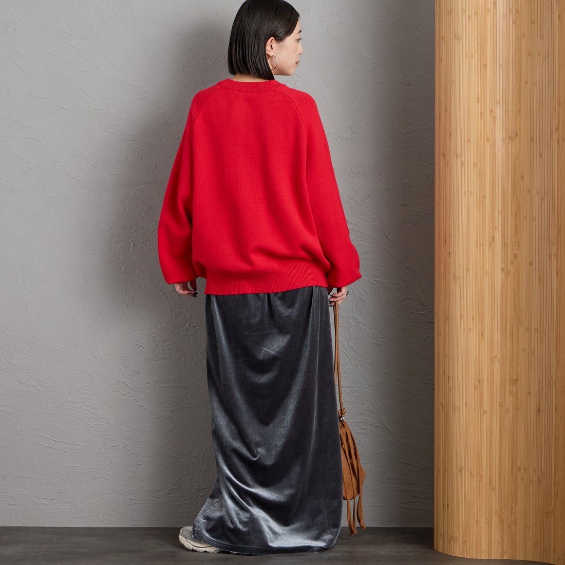 nenom [ネノム] ヘンリーネック スウェットライクニット [NE26331011] 46 RED &&モデル身長：150cm 着用サイズ：F&&