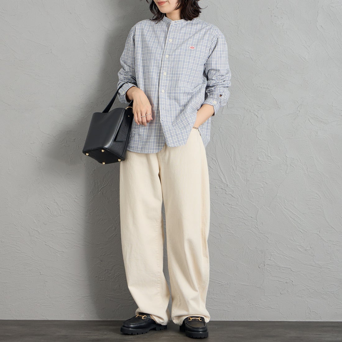 DANTON [ダントン] 起毛チェックバンドカラーシャツ [DT-B0279KTW] SAX/ECR CK &&モデル身長：160cm 着用サイズ：38&&