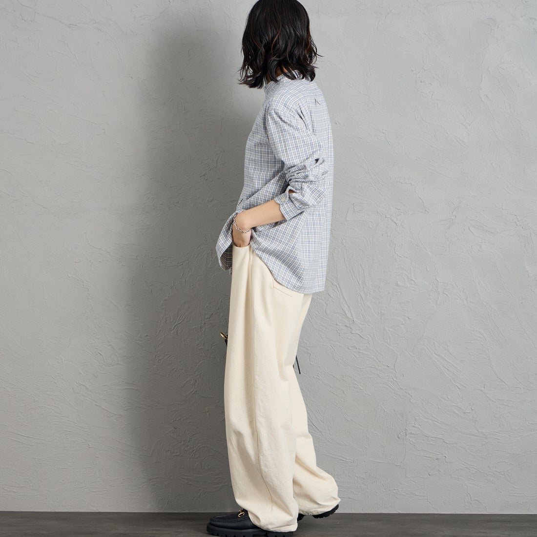 DANTON [ダントン] 起毛チェックバンドカラーシャツ [DT-B0279KTW] SAX/ECR CK &&モデル身長：160cm 着用サイズ：38&&