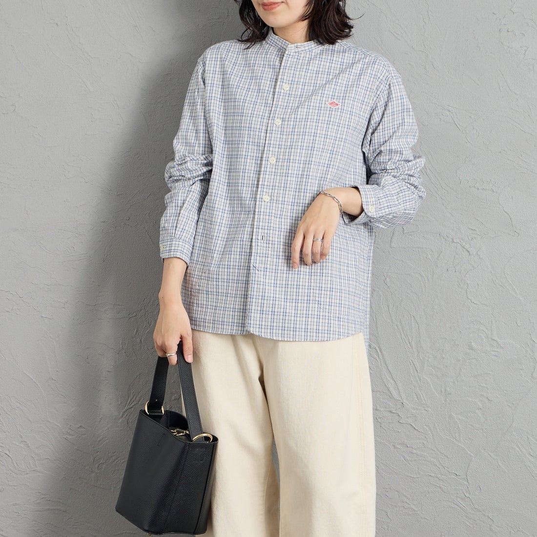 DANTON [ダントン] 起毛チェックバンドカラーシャツ [DT-B0279KTW] SAX/ECR CK &&モデル身長：160cm 着用サイズ：38&&