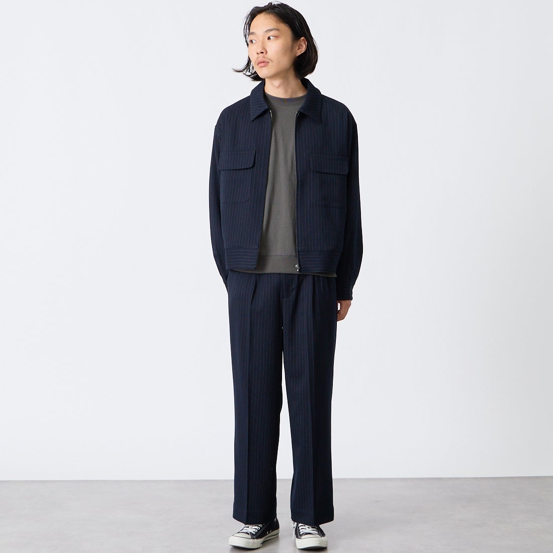 Noir Fabrik [ヌワールファブリック] ギャバジンワイドスラックス [NF-263-067] NAVY ST &&モデル身長：175cm 着用サイズ：S&&