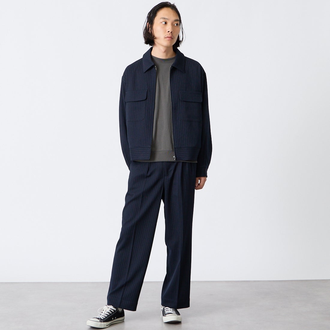 Noir Fabrik [ヌワールファブリック] ギャバジンワイドスラックス [NF-263-067] NAVY ST &&モデル身長：175cm 着用サイズ：S&&