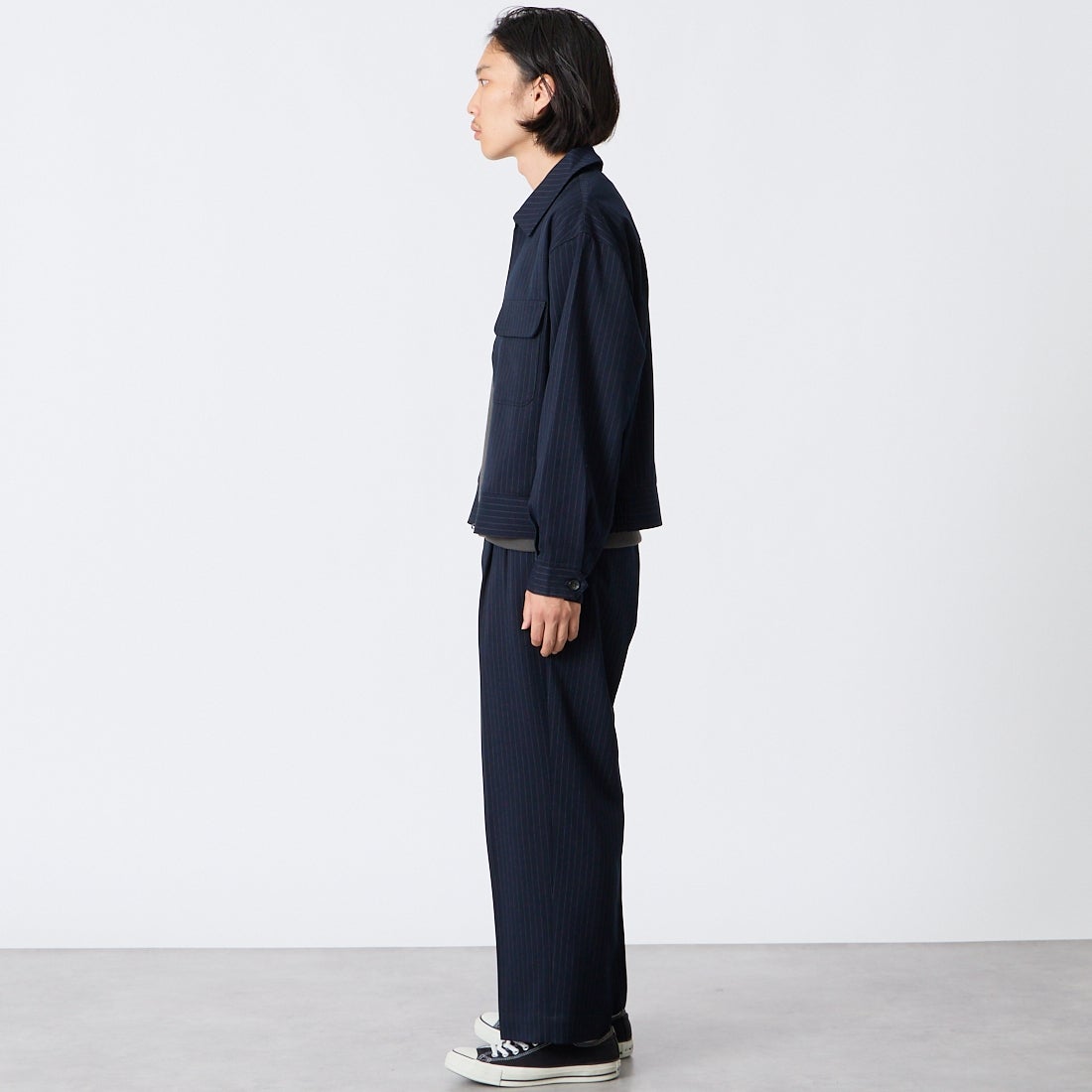 Noir Fabrik [ヌワールファブリック] ギャバジンワイドスラックス [NF-263-067] NAVY ST &&モデル身長：175cm 着用サイズ：S&&