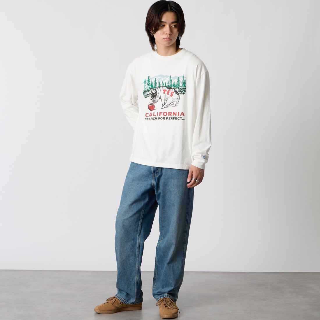 The Endless Summer [エンドレスサマー] CALIFORNIA FOREST ロングスリーブTシャツ [1280-26774313] 07 WHITE &&モデル身長：177cm 着用サイズ：M&&