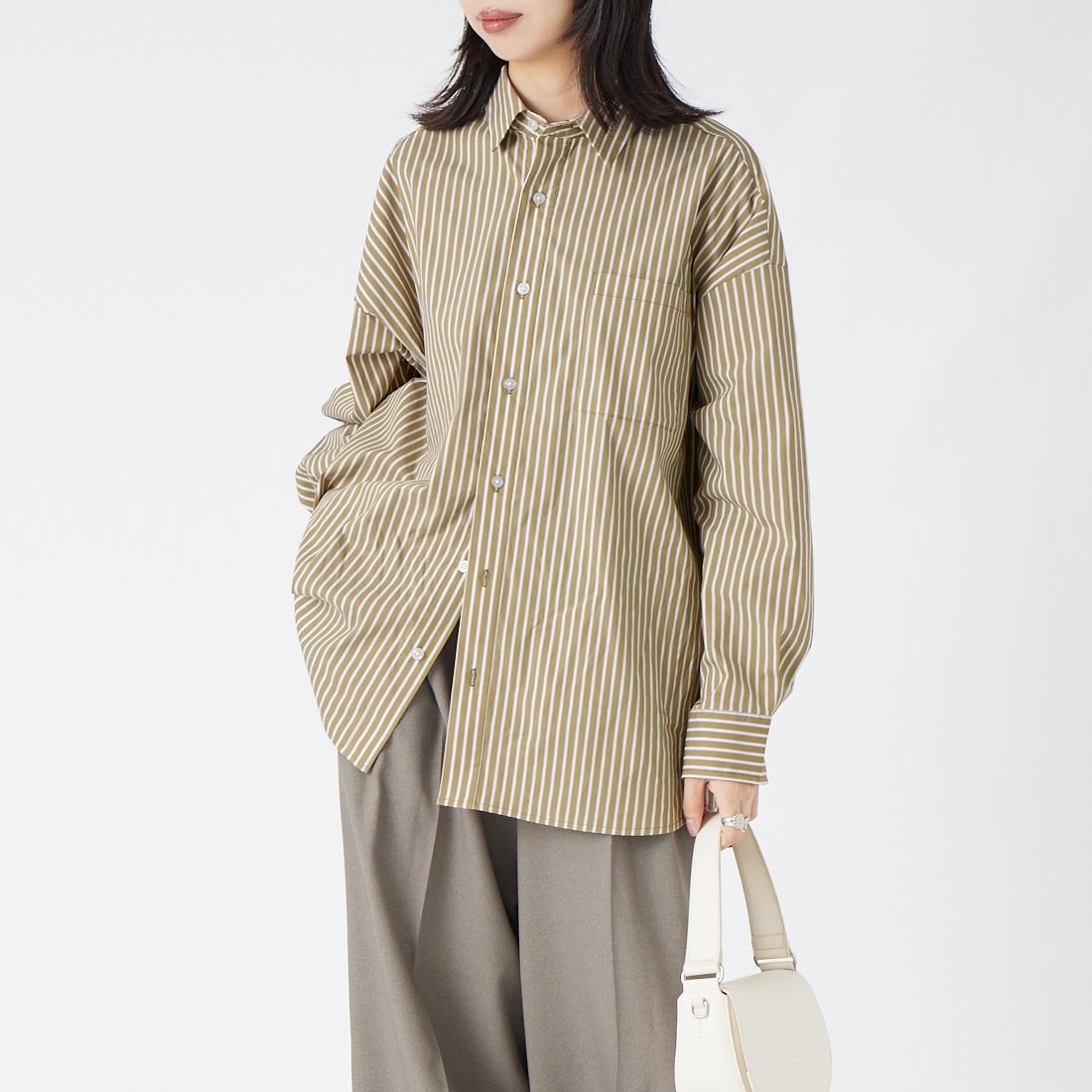Jeans Factory Clothes [ジーンズファクトリークローズ] メンズライクビッグシャツ [IN14-SH-6]ﾍﾞｰｼﾞｭST &&モデル身長：162cm 着用サイズ：F&&
