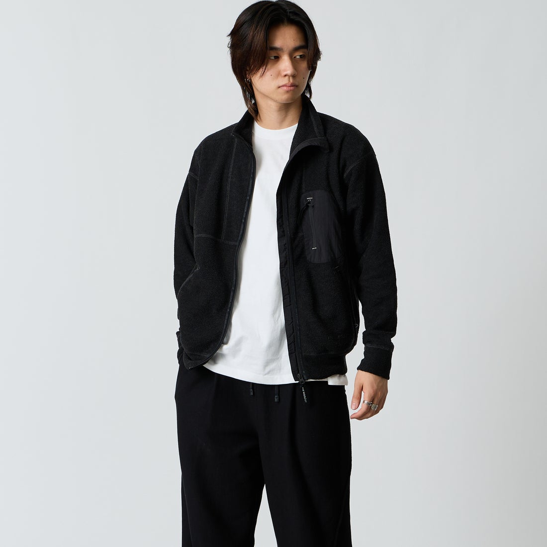 and wander [アンドワンダー] PEウォームパイル スタンドカラージップジャケット [5746284082] BLACK &&モデル身長：177cm 着用サイズ：M&&