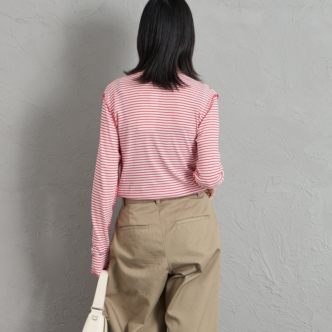 MEYAME [メヤメ] ボーダーソフトリブ ヘンリーネックプルオーバー [MEY-2503] PINK/RED &&モデル身長：162cm 着用サイズ：F&&
