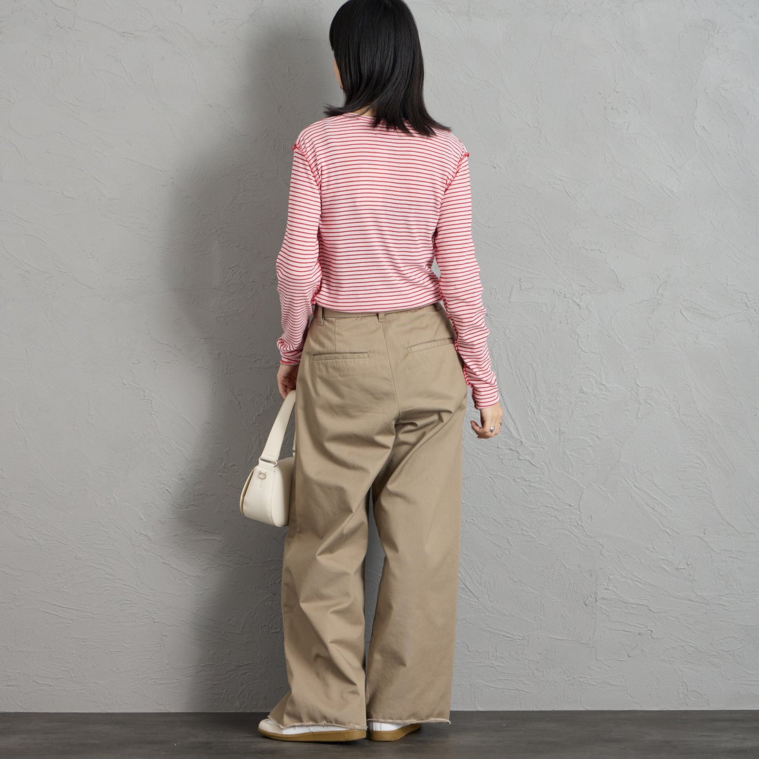 MEYAME [メヤメ] ボーダーソフトリブ ヘンリーネックプルオーバー [MEY-2503] PINK/RED &&モデル身長：162cm 着用サイズ：F&&