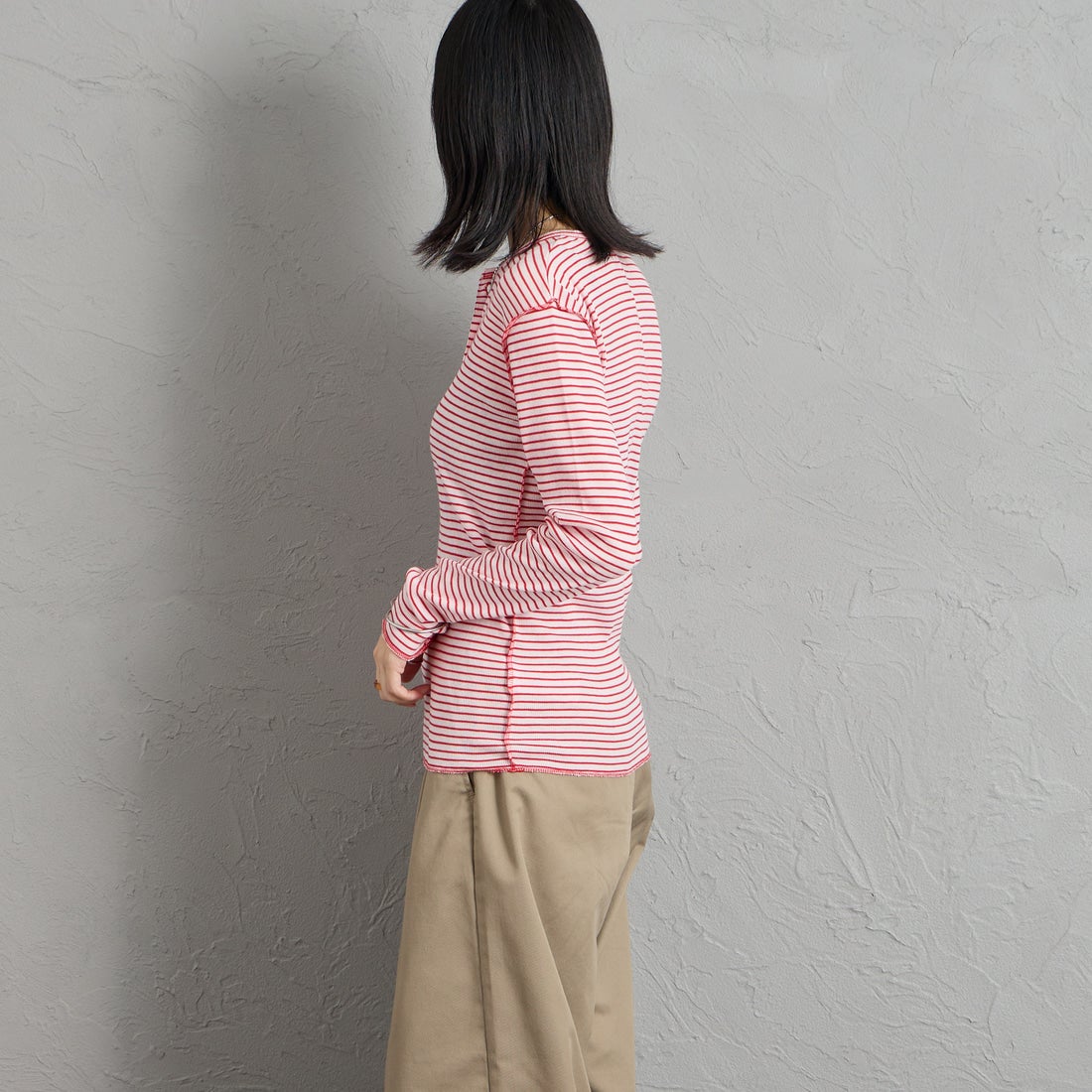 MEYAME [メヤメ] ボーダーソフトリブ ヘンリーネックプルオーバー [MEY-2503] PINK/RED &&モデル身長：162cm 着用サイズ：F&&