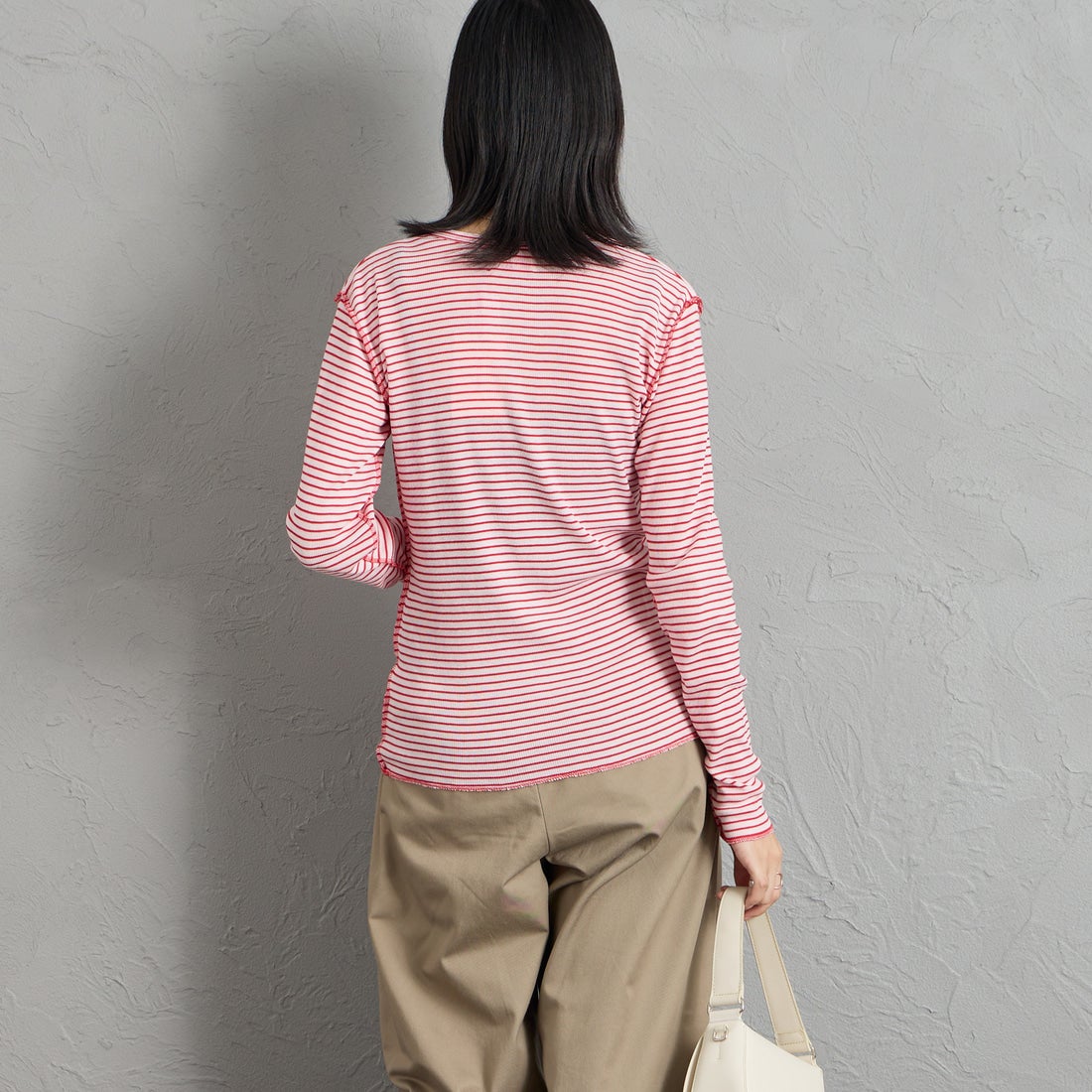 MEYAME [メヤメ] ボーダーソフトリブ ヘンリーネックプルオーバー [MEY-2503] PINK/RED &&モデル身長：162cm 着用サイズ：F&&