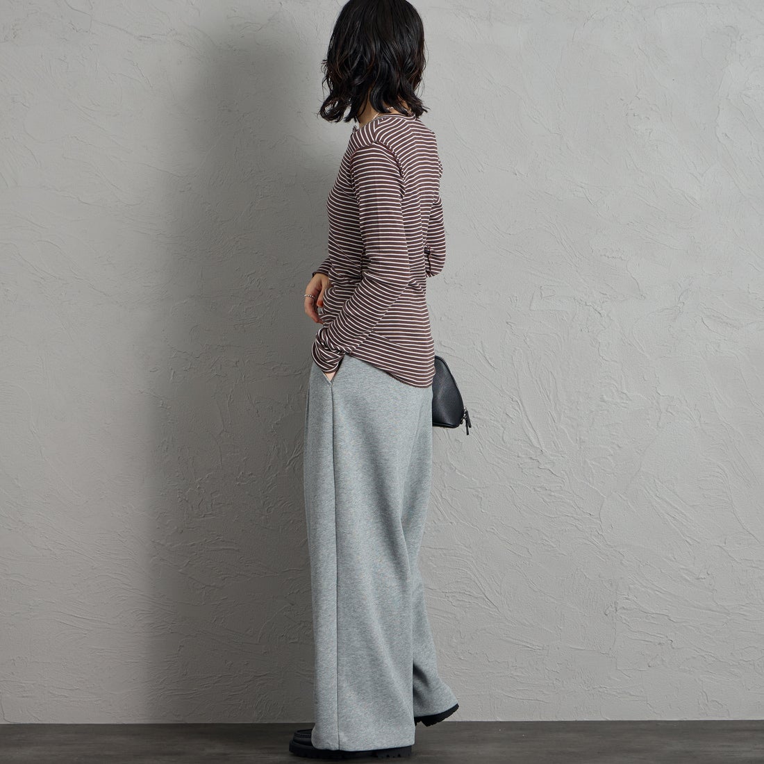 MEYAME [メヤメ] ボーダーソフトリブ ヘンリーネックプルオーバー [MEY-2503] BROWN/PINK &&モデル身長：160cm 着用サイズ：F&&