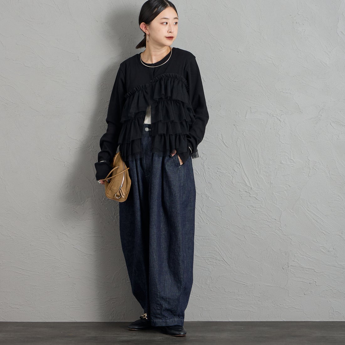 nenom [ネノム] チュールフリルドッキングカーディガン [NE26332015] 09 BLACK &&モデル身長：150cm 着用サイズ：&&