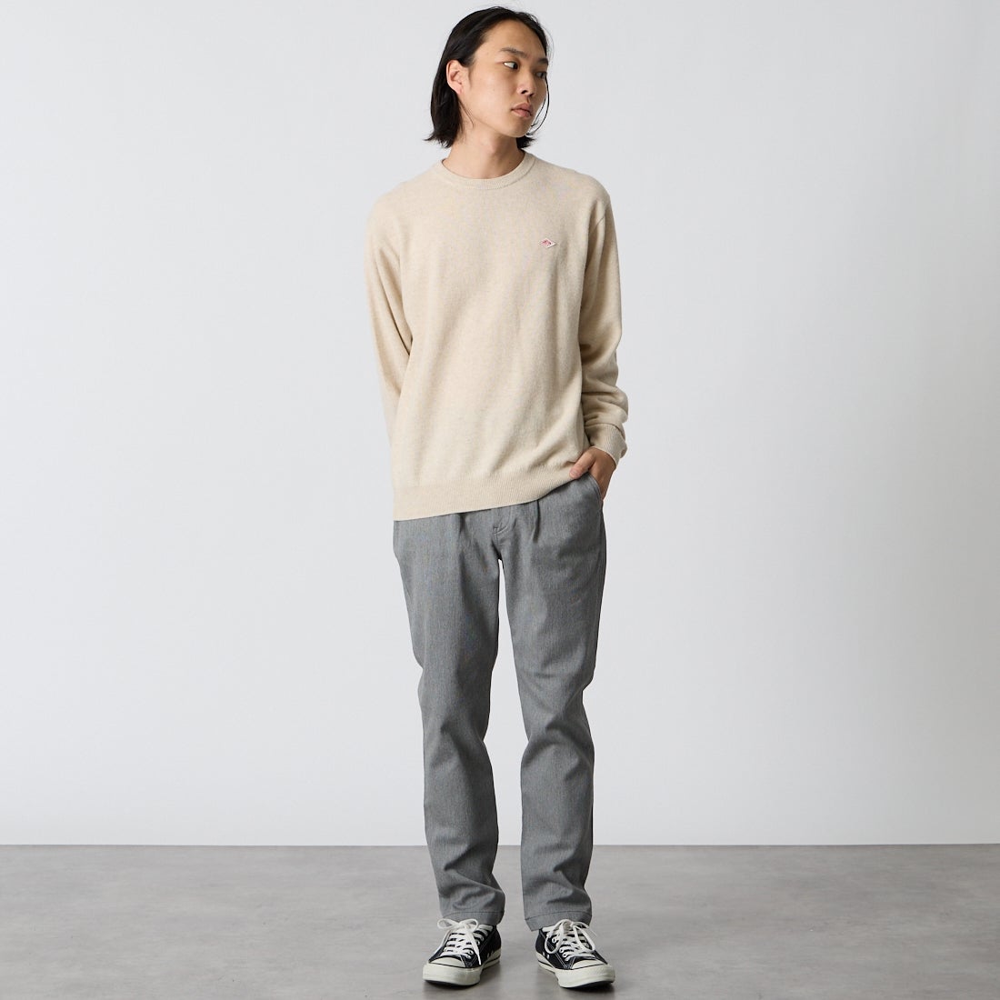 DANTON [ダントン] クルーネックプルオーバーニット [DT-D0028LMW] OATMEAL &&モデル身長：175cm 着用サイズ：40&&