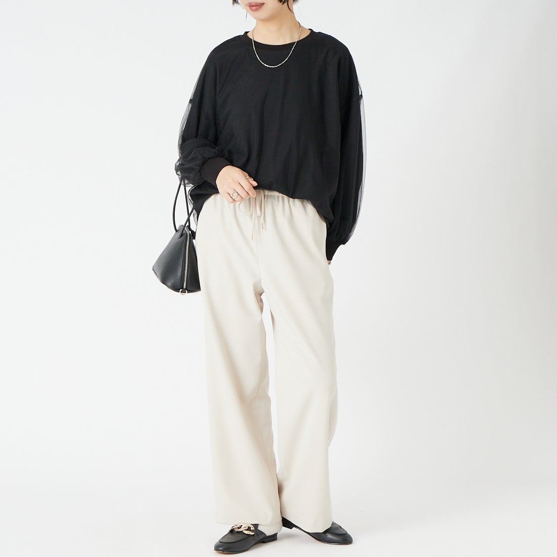 Jeans Factory Clothes [ジーンズファクトリークローズ] 杢調ツイルストレッチワイドパンツ [J-4652] OFF BEIGE &&モデル身長：162cm 着用サイズ：36&&