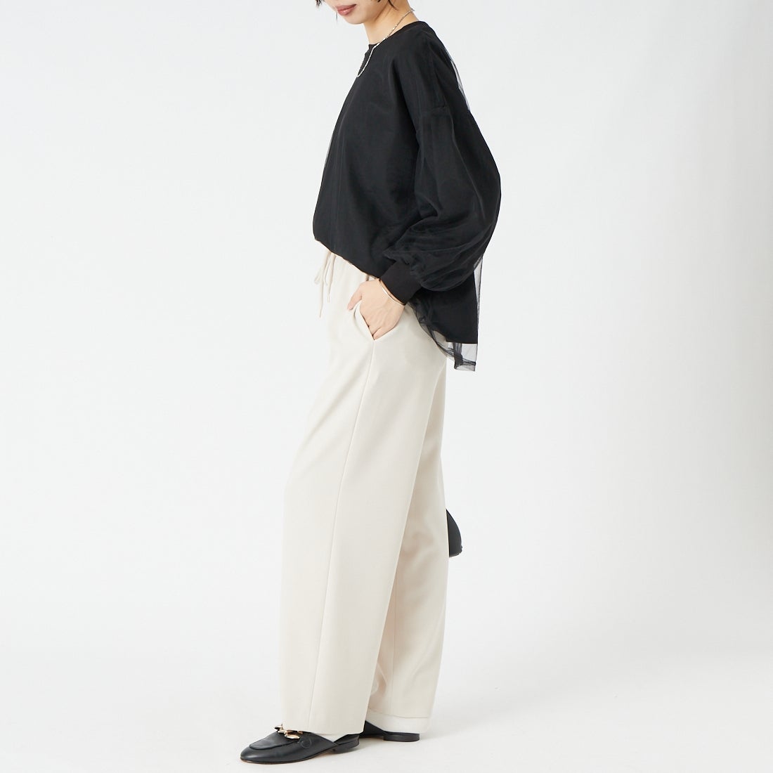 Jeans Factory Clothes [ジーンズファクトリークローズ] 杢調ツイルストレッチワイドパンツ [J-4652] OFF BEIGE &&モデル身長：162cm 着用サイズ：36&&