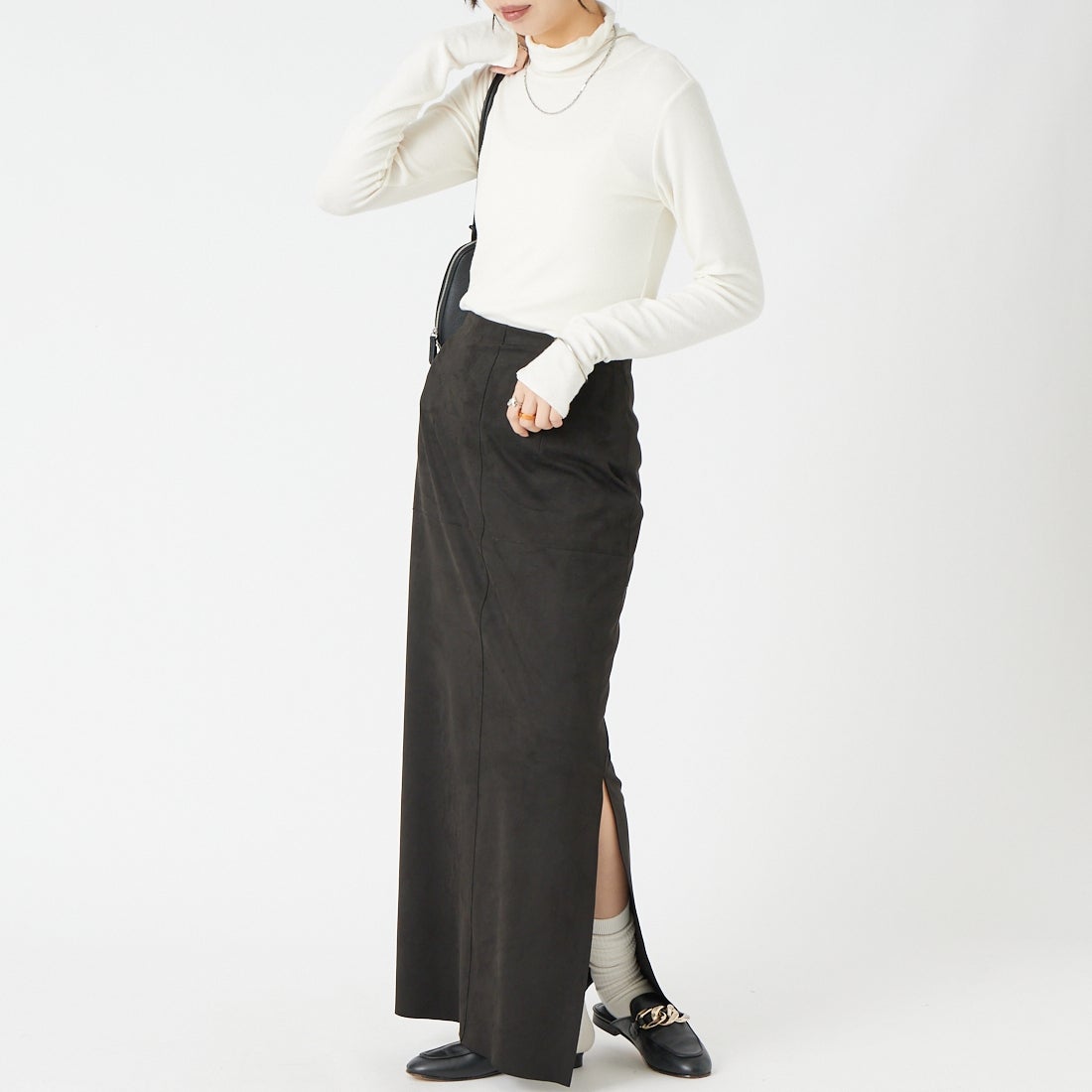Jeans Factory Clothes [ジーンズファクトリークローズ] フェイクスエードタイトスカート [J-4974] BLACK &&モデル身長：162cm 着用サイズ：36&&