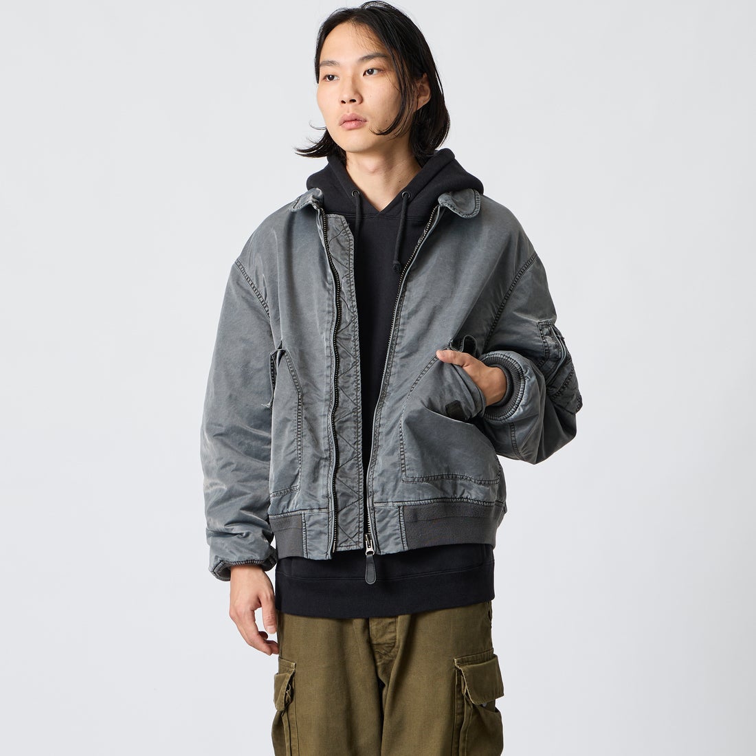 FIDELITY [フィデリティ] 別注 ヴィンテージウォッシュ CWUフライトジャケット [1640-26775903-JF] BLACK &&モデル身長：175cm 着用サイズ：L&&