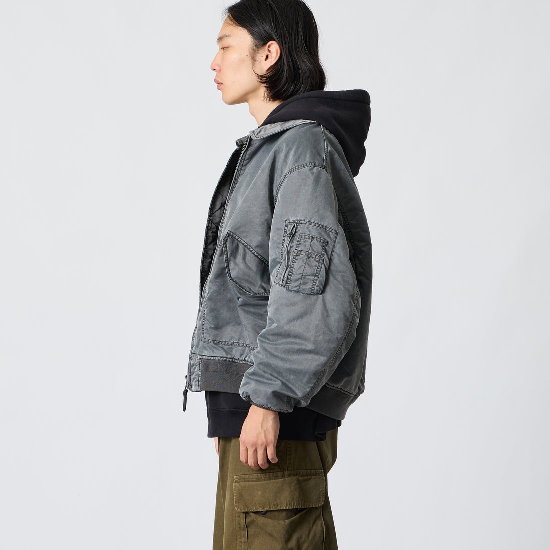 FIDELITY [フィデリティ] 別注 ヴィンテージウォッシュ CWUフライトジャケット [1640-26775903-JF] BLACK &&モデル身長：175cm 着用サイズ：L&&