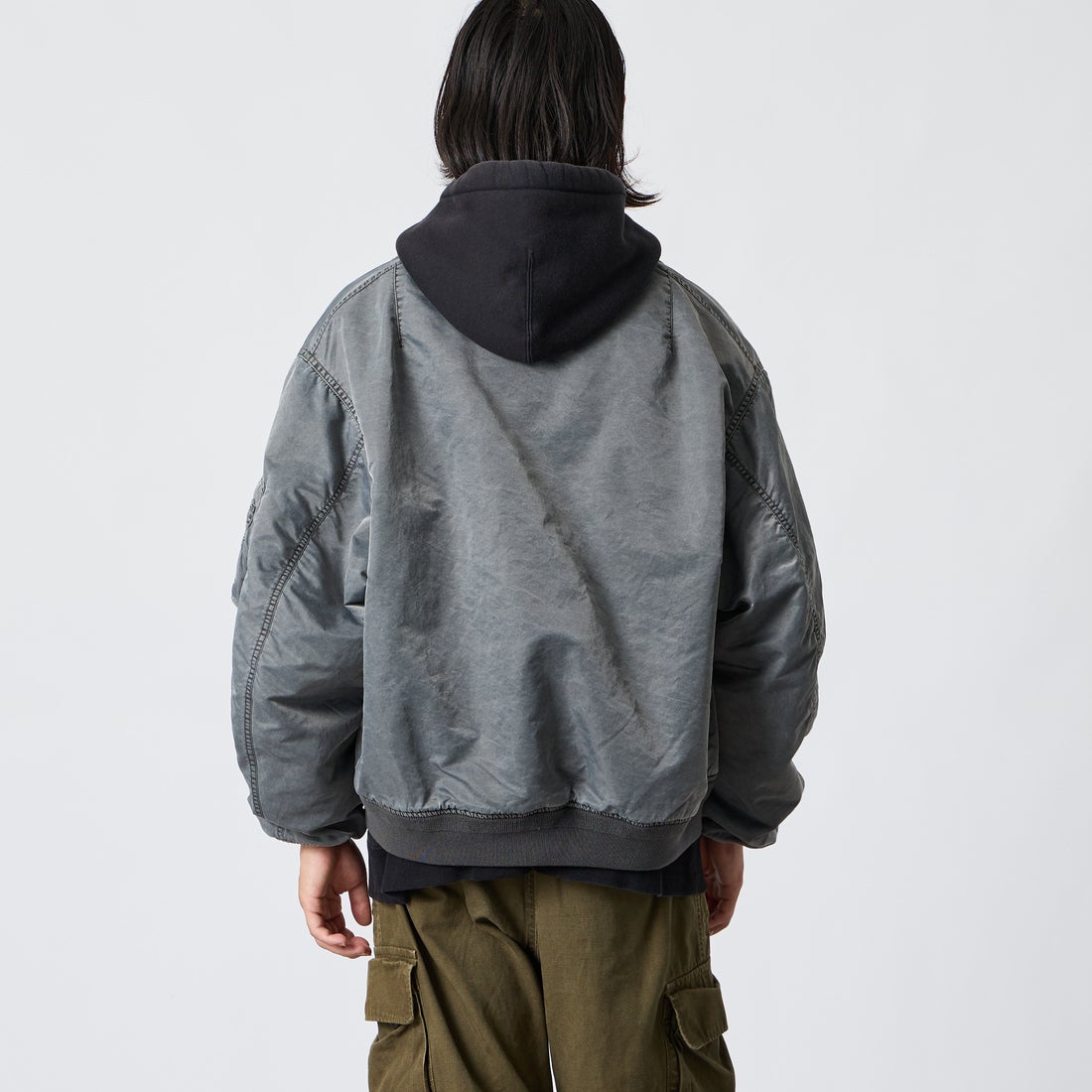 FIDELITY [フィデリティ] 別注 ヴィンテージウォッシュ CWUフライトジャケット [1640-26775903-JF] BLACK &&モデル身長：175cm 着用サイズ：L&&