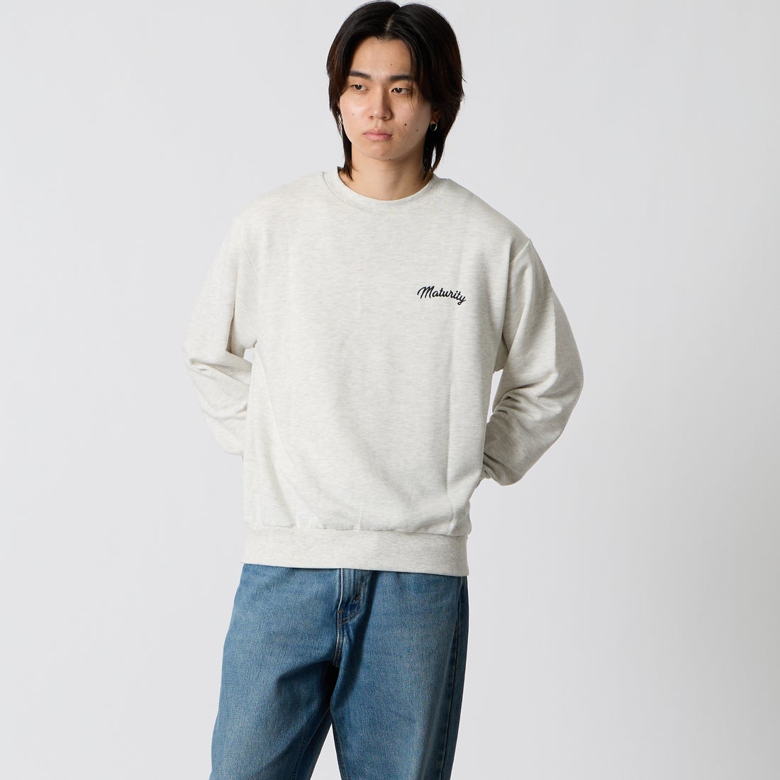33Degrees [サーティスリーディグリーズ] 刺繍クルーネックスウェット [TDR-264-064] 04 KNRﾄﾗﾍｯ &&モデル身長：177cm 着用サイズ：M&&