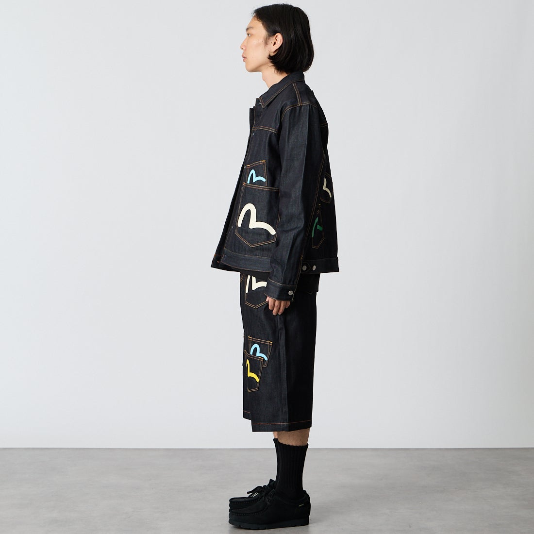 EVISU [エヴィス] カモメプリント マルチポケット デニムショーツ [2EAHTM5DS7031] RAW INDIGO &&モデル身長：175cm 着用サイズ：30&&