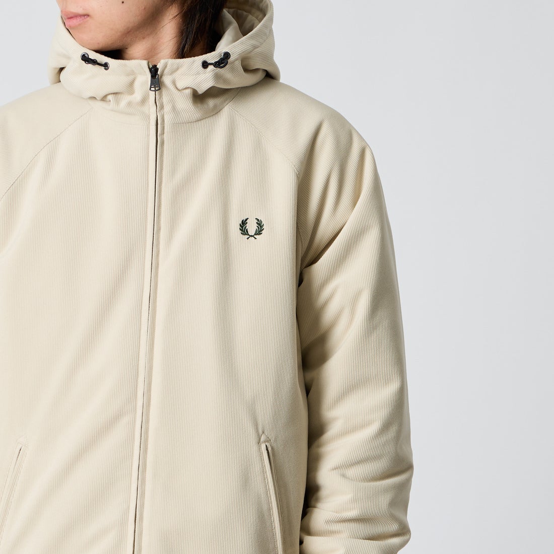 FRED PERRY [フレッドペリー] 別注 フードロゴ刺繍 コーデュロイジャケット [FPM-26A-026JF] OATMEAL/NI