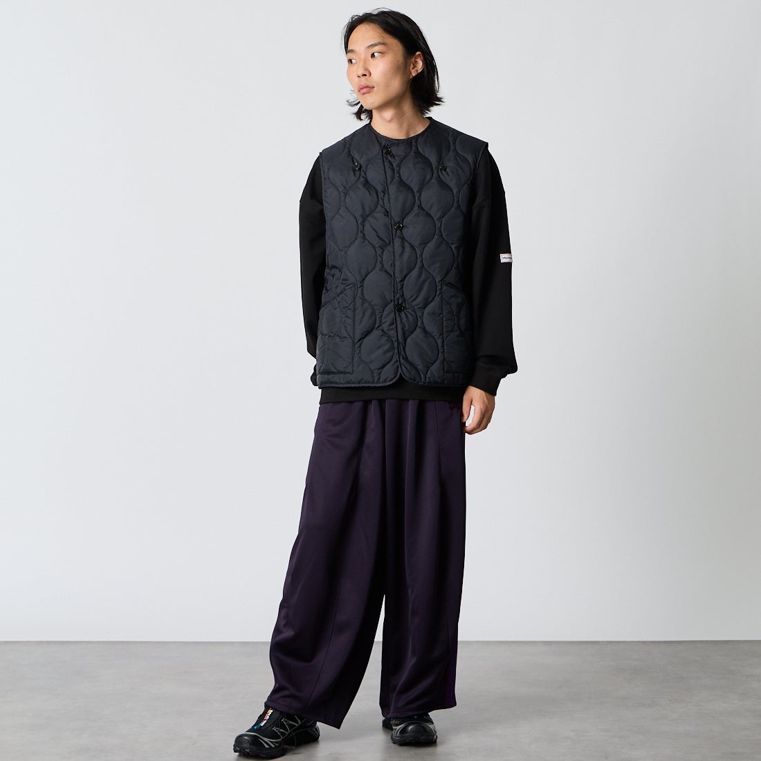 blurhms ROOTSTOCK [ブラームス ルーツストック] ナイロンキルティング A.B.Lベスト [BROOTS26F9] 02 BLACK &&モデル身長：175cm 着用サイズ：3&&