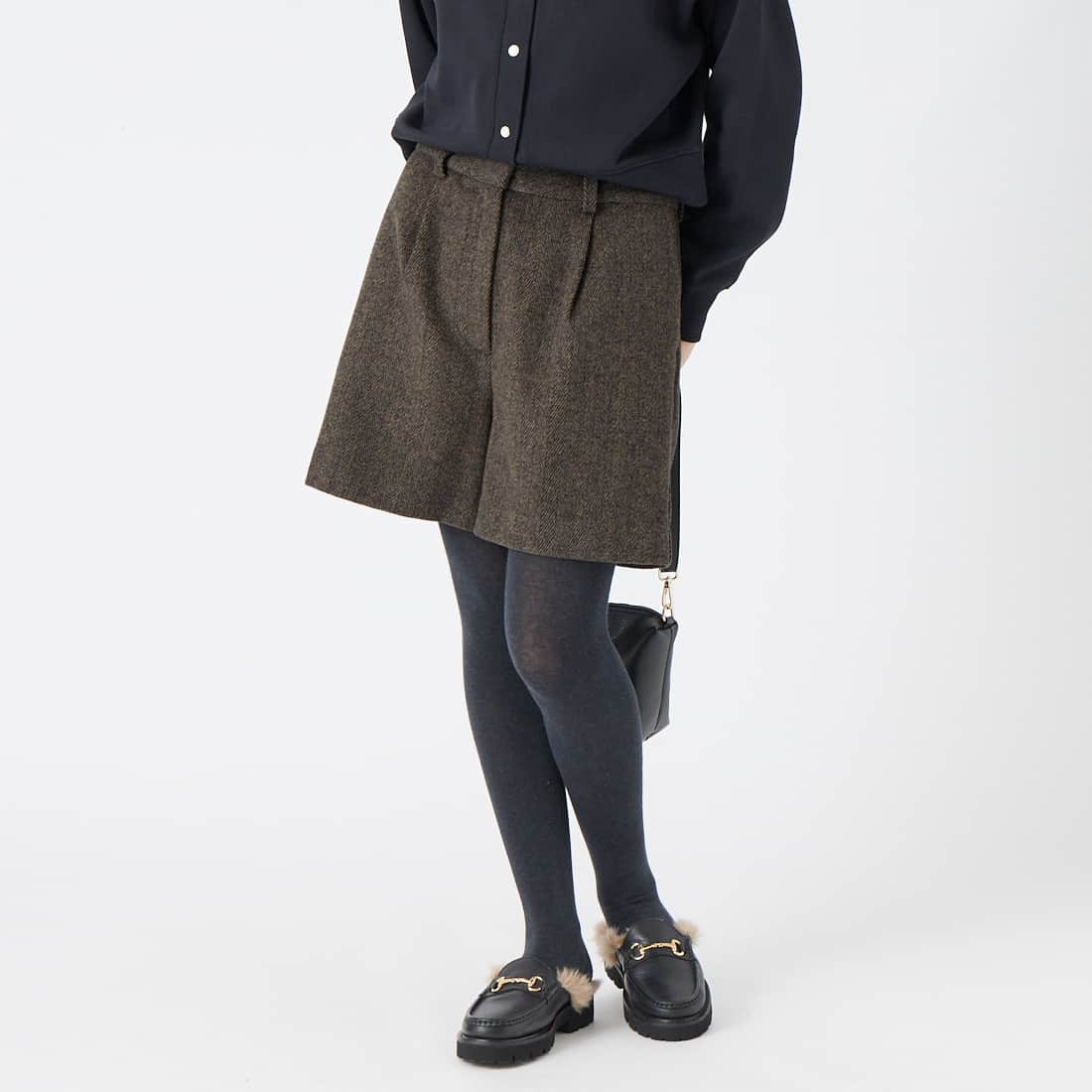 Jeans Factory Clothes [ジーンズファクトリークローズ] ヘリンボーンショートパンツ [IN37-PT-6] ﾌﾞﾗｳﾝ &&モデル身長：162cm 着用サイズ：36&&
