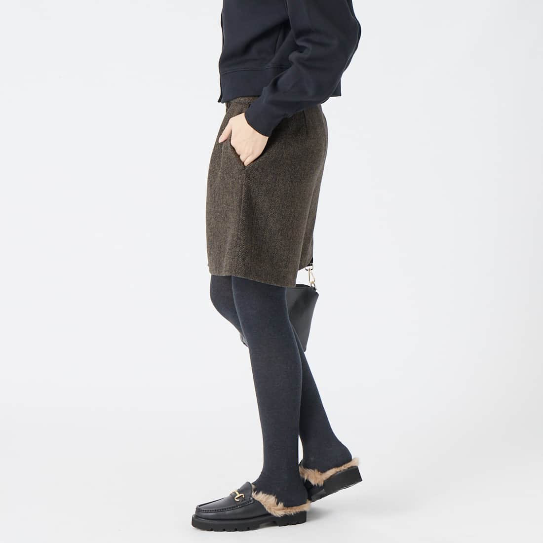 Jeans Factory Clothes [ジーンズファクトリークローズ] ヘリンボーンショートパンツ [IN37-PT-6] ﾌﾞﾗｳﾝ &&モデル身長：162cm 着用サイズ：36&&