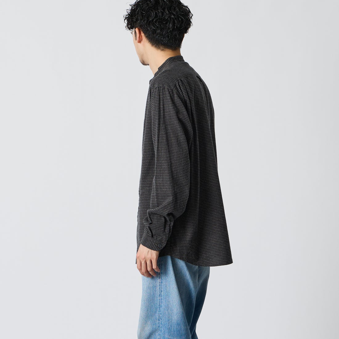 DANTON [ダントン] 起毛チェックバンドカラーシャツ [DT-B0280CHK] BLK/CHR CK &&モデル身長：168cm 着用サイズ：42&&
