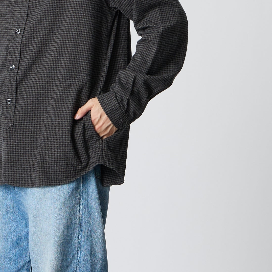 DANTON [ダントン] 起毛チェックバンドカラーシャツ [DT-B0280CHK] BLK/CHR CK &&モデル身長：168cm 着用サイズ：42&&