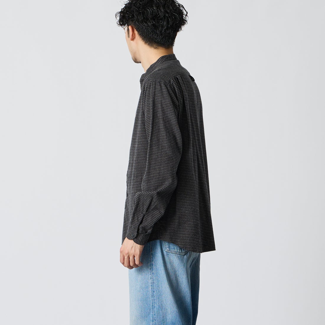 DANTON [ダントン] 起毛チェックバンドカラーシャツ [DT-B0280CHK] BLK/CHR CK &&モデル身長：168cm 着用サイズ：38&&