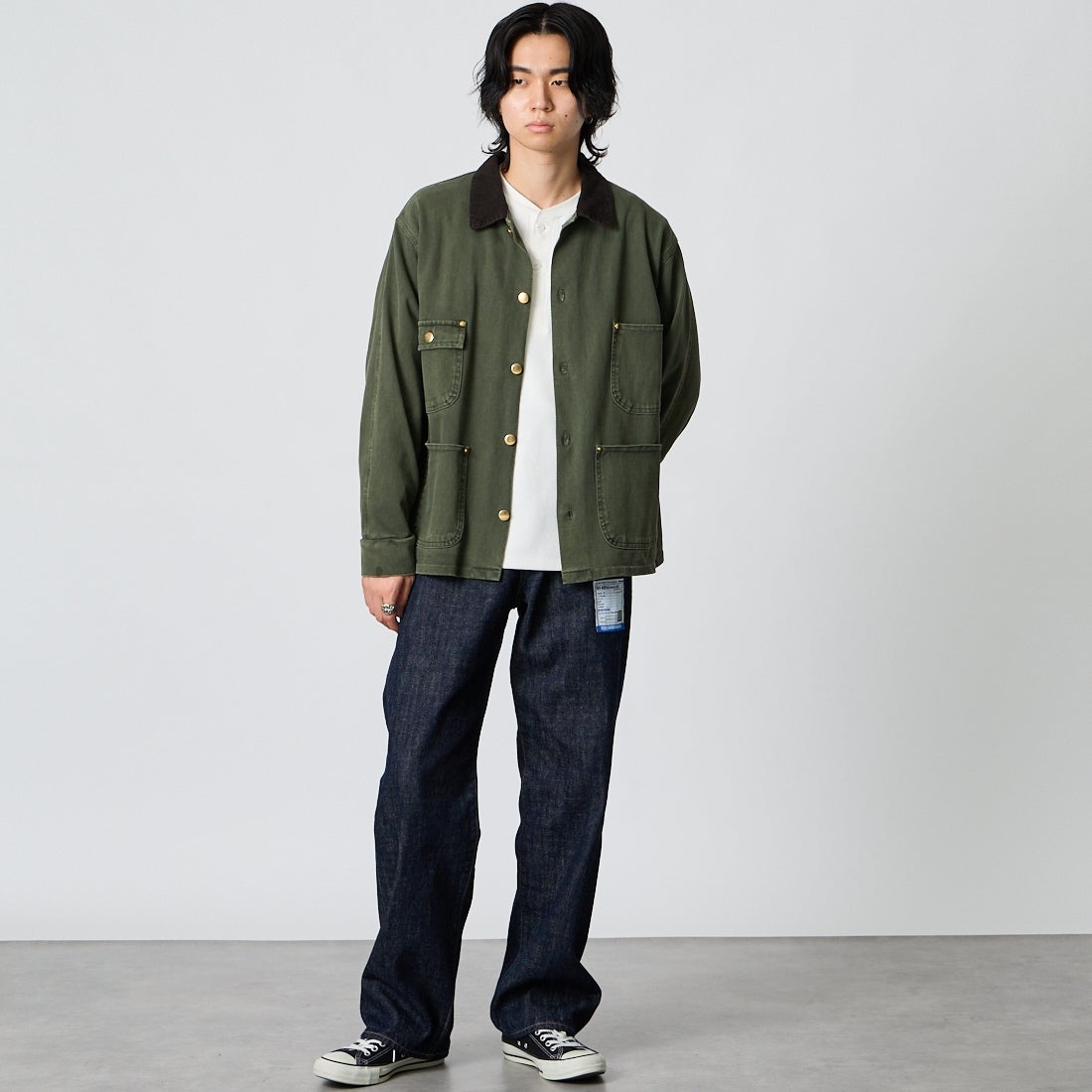 Jeans Factory Clothes [ジーンズファクトリークローズ] スウェットチョアコート [2623-428IN] MOSS &&モデル身長：177cm 着用サイズ：M&&
