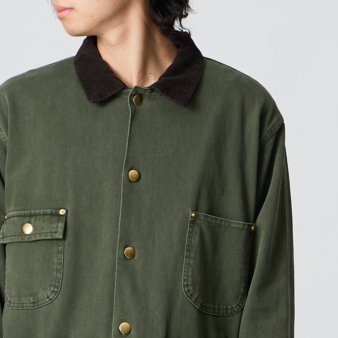 Jeans Factory Clothes [ジーンズファクトリークローズ] スウェットチョアコート [2623-428IN] MOSS &&モデル身長：177cm 着用サイズ：M&&
