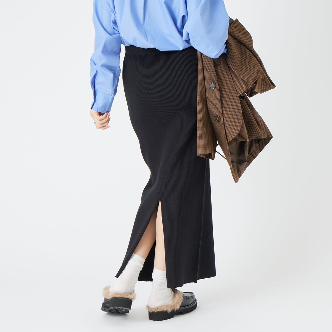 USINE [ユジーヌ] リブニットタイトスカート [IN9-SK-6] ﾌﾞﾗｯｸ &&モデル身長：162cm 着用サイズ：36&&