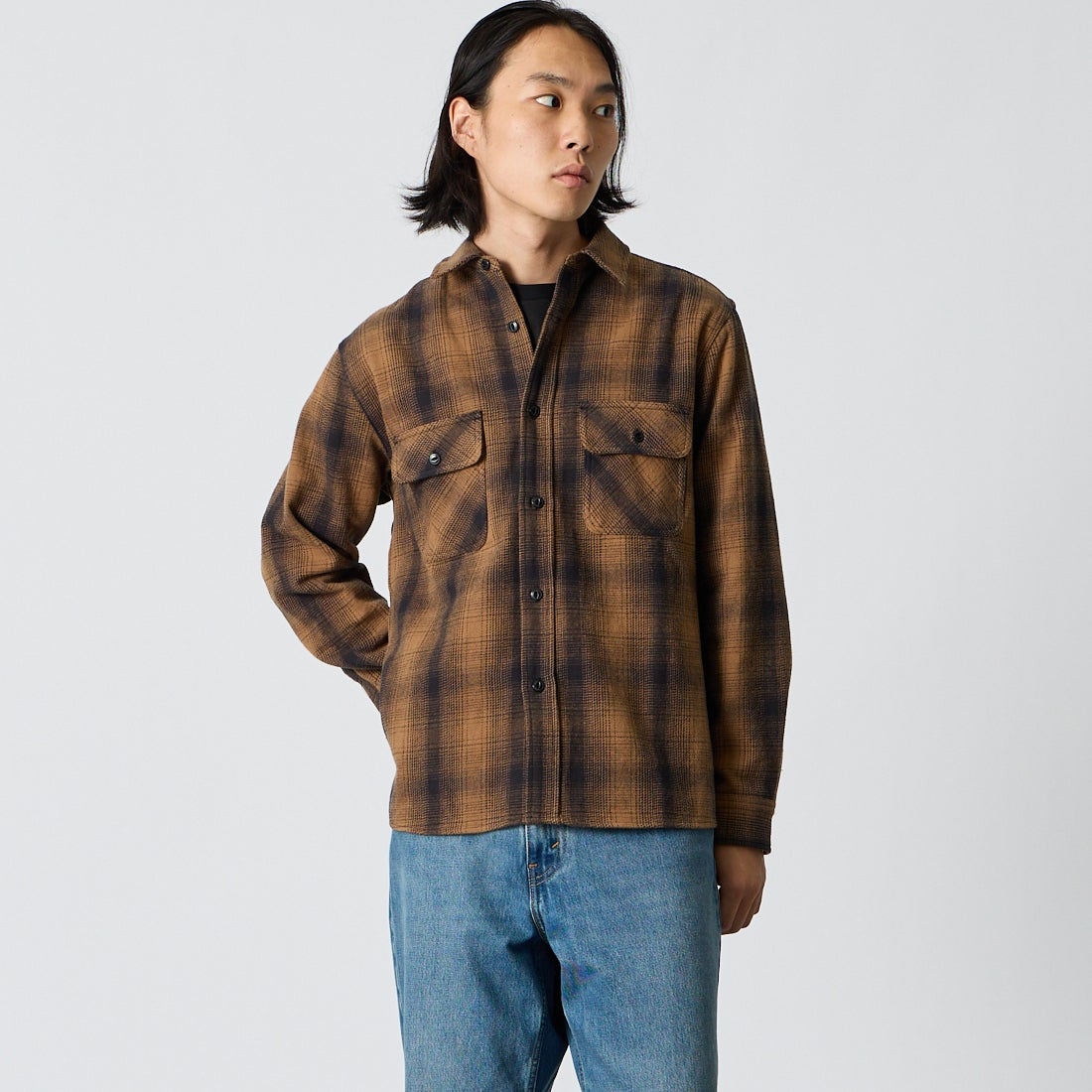 BIG MIKE [ビッグマイク] ヘビーフランネルシャツ [102635104] BRN/BLK &&モデル身長：175cm 着用サイズ：M&&