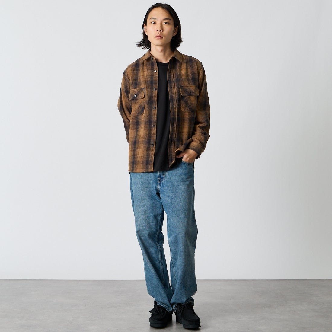 BIG MIKE [ビッグマイク] ヘビーフランネルシャツ [102635104] BRN/BLK &&モデル身長：175cm 着用サイズ：M&&