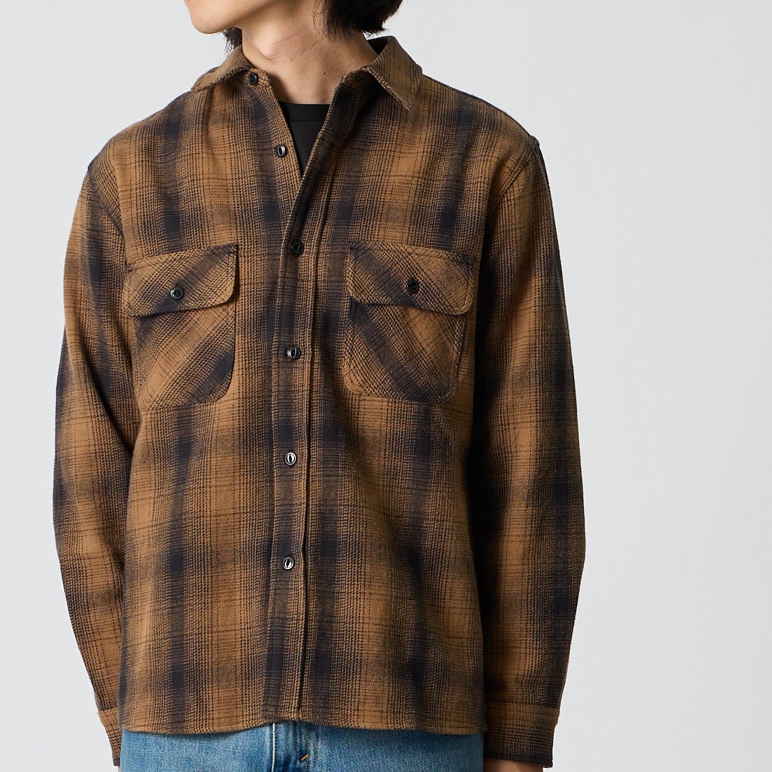 BIG MIKE [ビッグマイク] ヘビーフランネルシャツ [102635104] BRN/BLK &&モデル身長：175cm 着用サイズ：M&&