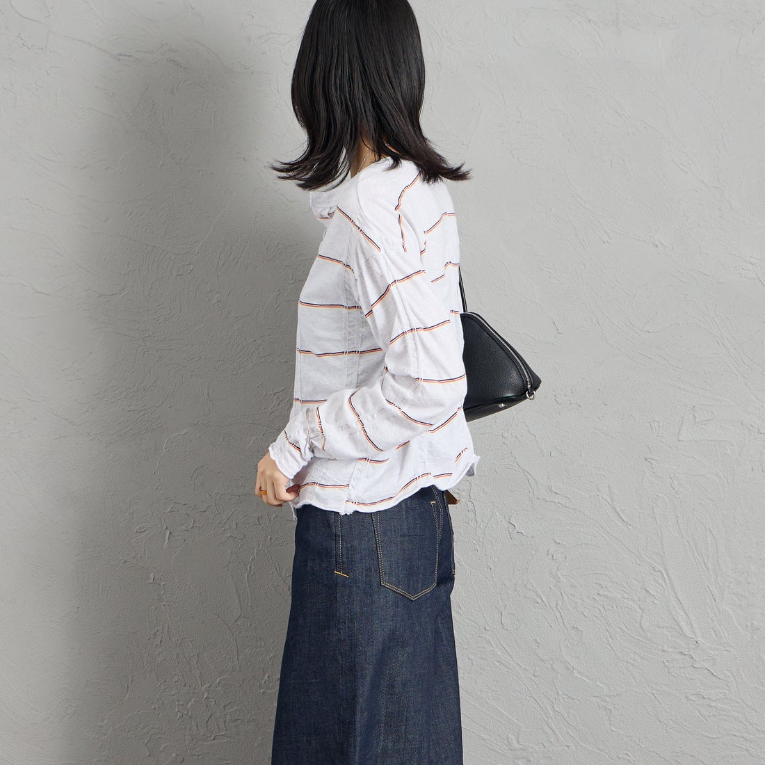 MEYAME [メヤメ] タックジャガード ボーダープルオーバー [MEY-2500] H.GREY &&モデル身長：162cm 着用サイズ：F&&