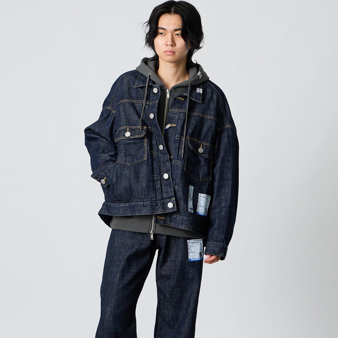 Maison MIHARA YASUHIRO [メゾン ミハラヤスヒロ] ワンウォッシュ セルビッジデニムジャケット [I17BL024] INDIGO &&モデル身長：177cm 着用サイズ：44&&