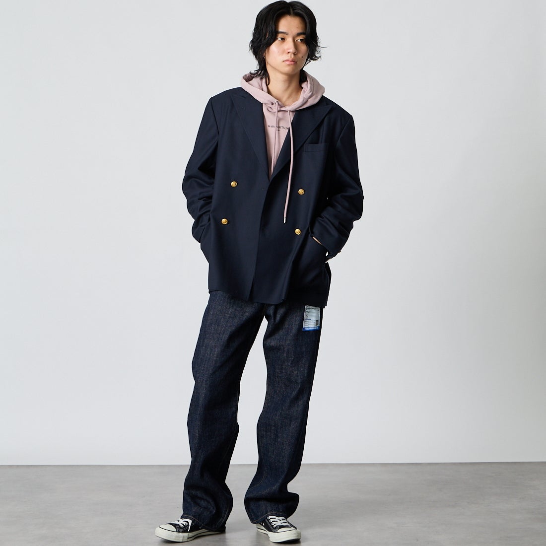 Maison MIHARA YASUHIRO [メゾン ミハラヤスヒロ] ワンウォッシュ セルビッジデニムストレートパンツ [I17PT025] INDIGO &&モデル身長：177cm 着用サイズ：44&&