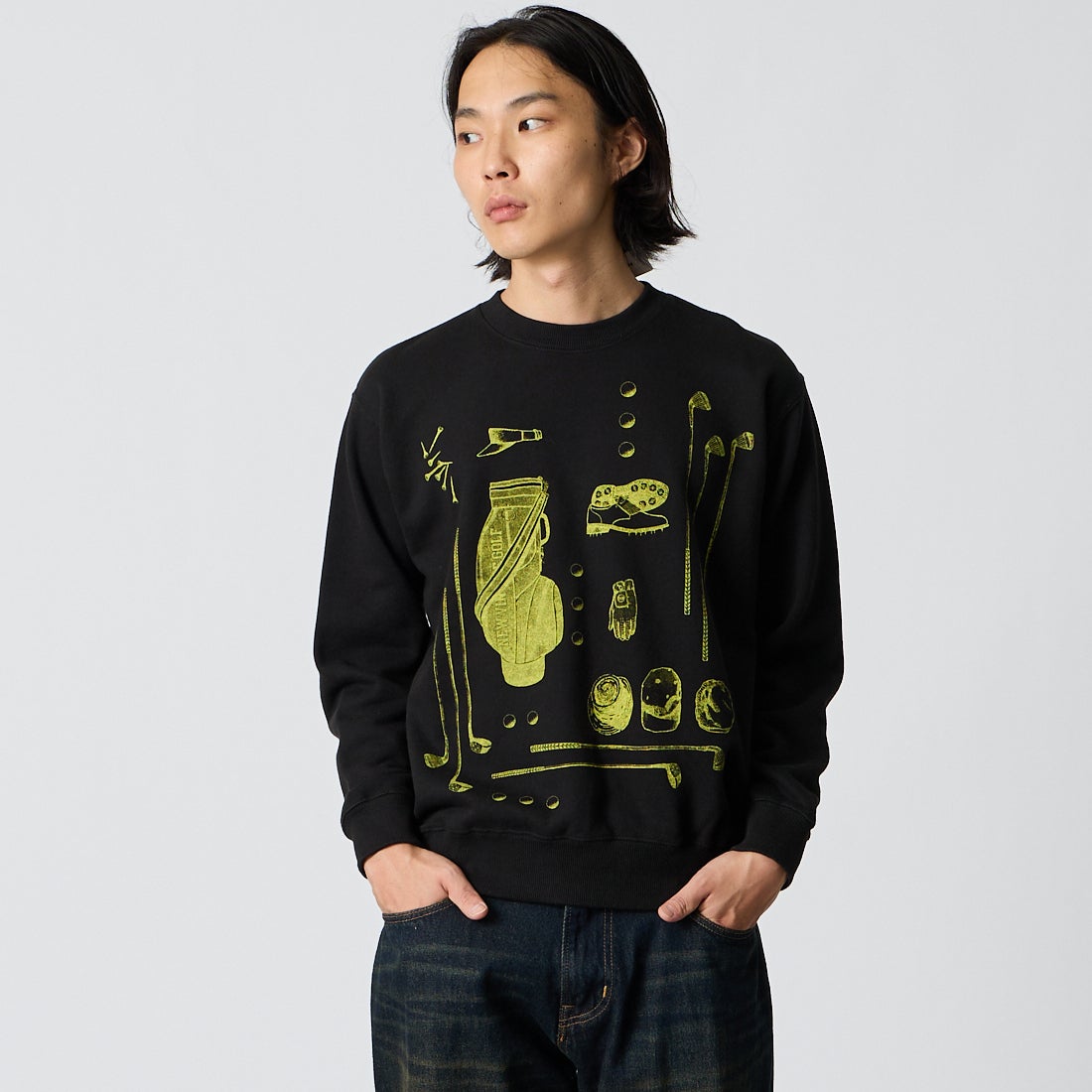 NEW VINTAGE GOLF [ニュービンテージゴルフ] 別注 プリントクルーネックスウェット [NVG-0608-JF] BLK/YELLOW &&モデル身長：175cm 着用サイズ：S&&